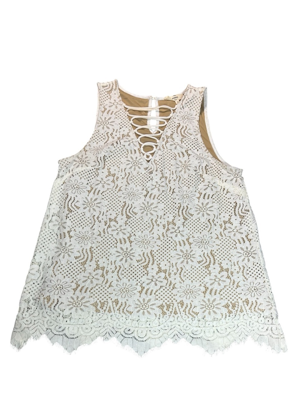 Metro Ivory Floral Lace Sleeveless Top Size Medium Boho Stretch Tank Top